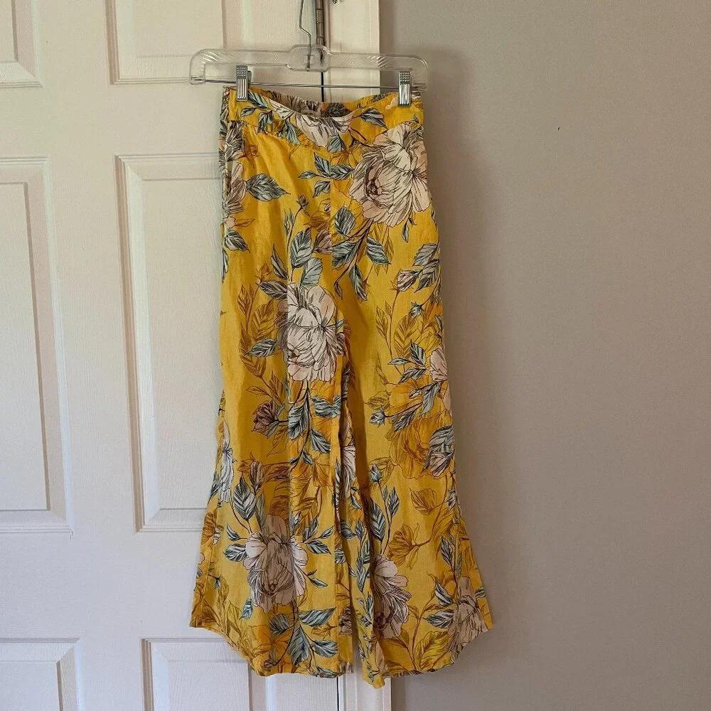 Nicole Miller *Yellow Wide-Leg Linen Pants* | Bright Floral | POCKETS | XS - Picture 2 of 12